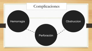 Complicaciones
Hemorragia Obstruccion
Perforación
 