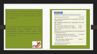 Los pacientes con enfermedad ulcerosa péptica
deben suspender el consumo de tabaco, además
de evitar el alcohol y NSAID (incluido ácido
acetilsalicílico)
Los pacientes que necesitan NSAID o ácido
acetilsalicílico para tratamiento de otras
enfermedades siempre deben tomar PPI
concomitantes o dosis altas de antagonistas de
receptores H
 