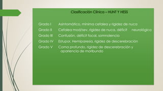 Clasificación Clínica – HUNT Y HESS
Grado I Asintomático, mínima cefalea y rigidez de nuca
Grado II Cefalea mod/sev, rigidez de nuca, déficit neurológico
Grado III Confusión, déficit focal, somnolencia
Grado IV Estupor, Hemiparesia, rigidez de descerebración
Grado V Coma profundo, rigidez de descerebración y
apariencia de moribundo
 