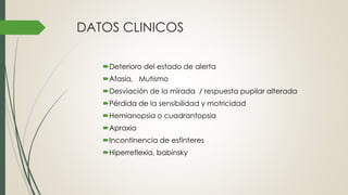 DATOS CLINICOS
Deterioro del estado de alerta
Afasia, Mutismo
Desviación de la mirada / respuesta pupilar alterada
Pérdida de la sensibilidad y motricidad
Hemianopsia o cuadrantopsia
Apraxia
Incontinencia de esfínteres
Hiperreflexia, babinsky
 