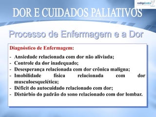 Diagnóstico de Enfermagem:
- Ansiedade relacionada com dor não aliviada;
- Controle da dor inadequado;
- Desesperança relacionada com dor crônica maligna;
- Imobilidade física relacionada com dor
musculoesquelética;
- Déficit do autocuidado relacionado com dor;
- Distúrbio do padrão do sono relacionado com dor lombar.
 