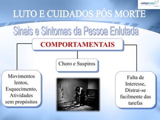COMPORTAMENTAIS
Choro e Suspiros
Movimentos
lentos,
Esquecimento,
Atividades
sem propósitos
Falta de
Interesse,
Distrai-se
facilmente das
tarefas
 