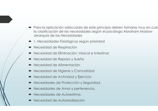 Para la aplicación adecuada de este principio deben tomarse muy en cuen
la clasificación de las necesidades según el psicólogo Abraham Maslow
Jerarquía de las Necesidades
1. Necesidades Fisiológicas según prioridad
Necesidad de Respiración
Necesidad de Eliminación: Vesical e Intestinal
Necesidad de Reposo y Sueño
Necesidad de Alimentación
Necesidad de Higiene y Comodidad
Necesidad de Actividad y Ejercicio
Necesidades de Protección y Seguridad.
Necesidades de Amor y pertenencia.
Necesidades de Autoestima.
Necesidad de Autorrealización
 