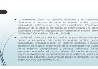La enfermería abarca la atención autónoma y en colaborac
dispensada a personas de todas las edades, familias, grupos
comunidades, enfermos o no, y en todas circunstancias. Comprende
promoción de la salud, la prevención de enfermedades y la atenc
dispensada a enfermos, discapacitados y personas en situación termin
(ORGANIZACIÓN MUNDIAL DE LA SALUD-OMS).
La enfermería abarca los cuidados, autónomos y en colaboración, que
prestan a las personas de todas las edades, familias, grupos
comunidades, enfermos o sanos, en todos los contextos, e incluye
promoción de la salud, la prevención de la enfermedad, y los cuidad
de los enfermos, discapacitados, y personas moribundas. Funcion
esenciales de la enfermería son la defensa, el fomento de un ento
seguro, la investigación, la participación en la política de salud y en
gestión de los pacientes y los sistemas de salud, y la formación. (CONSE
INTERNACIONAL DE ENFERMERÍA-CIE).
 
