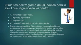 Estructura del Programa de Educación para la
salud que seguimos en los centros
 1.- Alimentación Saludable.
 2.- Higiene y ergonomía.
 3.- Seguridad vial.
 4.- Prevención de accidentes y Primeros Auxilios.
 Prevención inespecífica: Educación en valores y habilidades
sociales que sirven para prevenir posteriores problemas de salud
como trastornos de la conducta alimentaría (anorexia, bulimia,
vigorexia), consumo – abuso de drogas legales e ilegales y
problemas relacionados con la afectivo – sexualidad (embarazos
no deseados y enfermedades de transmisión sexual).
 
