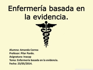 Enfermería basada en
la evidencia.
Alumna: Amanda Correa
Profesor: Pilar Pardo.
Asignatura: Inacap
Tema: Enfermería basada en la evidencia.
Fecha: 23/05/2014.
 