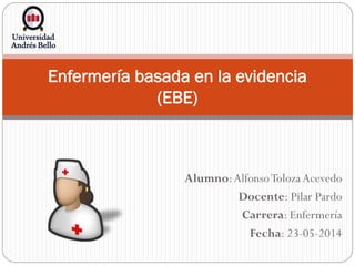 Alumno:AlfonsoToloza Acevedo
Docente: Pilar Pardo
Carrera: Enfermería
Fecha: 23-05-2014
Enfermería basada en la evidencia
(EBE)
 