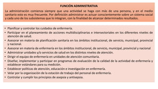 FUNCIÓN ADMINISTRATIVA
La administración comienza siempre que una actividad se haga con más de una persona, y en el medio
sanitario esto es muy frecuente. Por definición administrar es actuar conscientemente sobre un sistema social
y cada uno de los subsistemas que lo integran, con la finalidad de alcanzar determinados resultados.
• Planificar y controlar los cuidados de enfermería.
• Participar en el planeamiento de acciones multidisciplinarias e intersectoriales en los diferentes niveles de
atención de salud.
• Asesorar en materia de planificación sanitaria en los ámbitos institucional, de servicio, municipal, provincial
y nacional.
• Asesorar en materia de enfermería en los ámbitos institucional, de servicio, municipal, provincial y nacional
• Administrar unidades y/o servicios de salud en los distintos niveles de atención.
• Dirigir el equipo de enfermería en unidades de atención comunitaria.
• Diseñar, implementar y participar en programas de evaluación de la calidad de la actividad de enfermería y
establecer estándares para su medición.
• Establecer políticas de atención, educación e investigación en enfermería.
• Velar por la organización de la estación de trabajo del personal de enfermería.
• Controlar y cumplir los principios de asepsia y antisepsia.
 