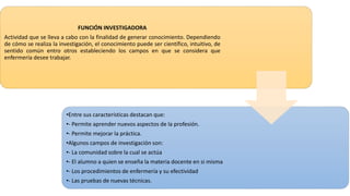 FUNCIÓN INVESTIGADORA
Actividad que se lleva a cabo con la finalidad de generar conocimiento. Dependiendo
de cómo se realiza la investigación, el conocimiento puede ser científico, intuitivo, de
sentido común entro otros estableciendo los campos en que se considera que
enfermería desee trabajar.
•Entre sus características destacan que:
•- Permite aprender nuevos aspectos de la profesión.
•- Permite mejorar la práctica.
•Algunos campos de investigación son:
•- La comunidad sobre la cual se actúa
•- El alumno a quien se enseña la materia docente en si misma
•- Los procedimientos de enfermería y su efectividad
•- Las pruebas de nuevas técnicas.
 
