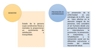 Estado de la persona
cuyas condiciones físicas y
mentales le proporcionan
un sentimiento de
satisfacción y
tranquilidad.
BIENESTAR La prevención de la
enfermedad es una
estrategia de la APS, que
se hace efectiva en la
atención integral de las
personas. Esta considera
al ser humano desde una
perspectiva biopsicosocial
e interrelaciona la
promoción, la prevención,
el tratamiento, la
rehabilitación y la
reinserción social con las
diferentes estructuras y
niveles del sistema
Nacional de Salud.
PREVENCIÓN DE
ENFERMEDADES
 