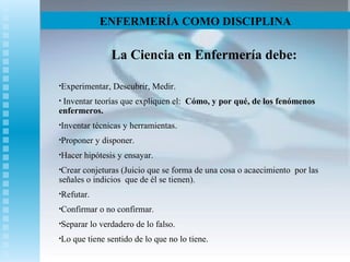 ENFERMERÍA COMO DISCIPLINA
La Ciencia en Enfermería debe:
•Experimentar, Descubrir, Medir.
• Inventar teorías que expliquen el: Cómo, y por qué, de los fenómenos
enfermeros.
•Inventar técnicas y herramientas.
•Proponer y disponer.
•Hacer hipótesis y ensayar.
•Crear conjeturas (Juicio que se forma de una cosa o acaecimiento por las
señales o indicios que de él se tienen).
•Refutar.
•Confirmar o no confirmar.
•Separar lo verdadero de lo falso.
•Lo que tiene sentido de lo que no lo tiene.
 