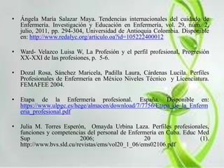 • Ángela María Salazar Maya. Tendencias internacionales del cuidado de 
Enfermería. Investigación y Educación en Enfermería, vol. 29, núm. 2, 
julio, 2011, pp. 294-304, Universidad de Antioquia Colombia. Disponible 
en: http://www.redalyc.org/articulo.oa?id=105222400012 
• Ward- Velazco Luisa W, La Profesión y el perfil profesional, Progresión 
XX-XXI de las profesiones, p. 5-6. 
• Dozal Rosa, Sánchez Maricela, Padilla Laura, Cárdenas Lucila. Perfiles 
Profesionales de Enfermería en México Niveles Técnico y Licenciatura. 
FEMAFEE 2004. 
• Etapa de la Enfermería profesional. España. Disponible en: 
https://www.ulpgc.es/hege/almacen/download/7/7756/Etapa_de_la_Enferm 
eria_profesional.pdf 
• Julia M. Torres Esperón, Omayda Urbina Laza. Perfiles profesionales, 
funciones y competencias del personal de Enfermería en Cuba. Educ Med 
Sup 2006; 20 (1). 
http://www.bvs.sld.cu/revistas/ems/vol20_1_06/ems02106.pdf 
 