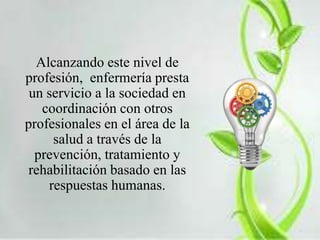 Alcanzando este nivel de 
profesión, enfermería presta 
un servicio a la sociedad en 
coordinación con otros 
profesionales en el área de la 
salud a través de la 
prevención, tratamiento y 
rehabilitación basado en las 
respuestas humanas. 
 