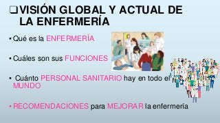 ❑VISIÓN GLOBAL Y ACTUAL DE
LA ENFERMERÍA
▪ Qué es la ENFERMERÍA
▪ Cuáles son sus FUNCIONES
▪ Cuánto PERSONAL SANITARIO hay...