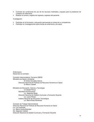 Controlar las condiciones de uso de los recursos materiales y equipos para la prestación de
    cuidados de enfermería.
    Realizar el control y registro de ingresos y egresos del paciente.

Investigación

    Participar en la formación y educación permanente en áreas de su competencia.
    Participar en investigaciones sobre temas de enfermería y de salud.




Enfermera/o
Desarrollo en comisión.

Comisión Interministerial. Convenio 296/02
Ministerio de Salud y Ambiente
                Dr Ginés González García
        Dirección Nacional de Políticas de Recursos Humanos en Salud
                Dr Mauro Castelli

Ministerio de Educación, Ciencia y Tecnología
                 Lic Daniel Filmus
        Secretaría de Educación
                 Lic. Alejandra Birgin
        Dirección Nacional de Gestión Curricular y Formación Docente
                 Lic. Laura Pitman
        Instituto Nacional de Educación Tecnológica
                 Lic. María Rosa Almandoz

Comisión de Trabajo Interministerial:
Dirección Nacional de Políticas de Recursos Humanos en Salud
Lic. Lía Cordiviola
Lic. María Cecilia Botindari
Ed. Alejandro Valitutti
Dirección Nacional de Gestión Curricular y Formación Docente
                                                                                            38
 