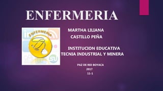 ENFERMERIA
MARTHA LILIANA
CASTILLO PEÑA
INSTITUCION EDUCATIVA
TECNIA INDUSTRIAL Y MINERA
PAZ DE RIO BOYACA
2017
11-1
 
