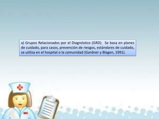 a) Grupos Relacionados por el Diagnóstico (GRD). Se basa en planes
de cuidado, para casos, prevención de riesgos, estándares de cuidado,
se utiliza en el hospital o la comunidad (Gardner y Blagen, 1991).
 