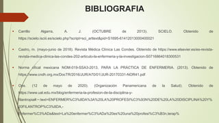 BIBLIOGRAFIA
 Carrillo Algarra, A. J. (OCTUBRE de 2013). SCIELO. Obtenido de
https://scielo.isciii.es/scielo.php?script=sci_arttext&pid=S1695-61412013000400021
 Castro, m. (mayo-junio de 2018). Revista Médica Clínica Las Condes. Obtenido de https://www.elsevier.es/es-revista-
revista-medica-clinica-las-condes-202-articulo-la-enfermeria-y-la-investigacion-S0716864018300531
 Norma ofical mexicana NOM-019-SSA3-2013, PARA LA PRÁCTICA DE ENFERMERIA. (2013). Obtenido de
https://www.cndh.org.mx/DocTR/2016/JUR/A70/01/JUR-20170331-NOR41.pdf
 Ops. (12 de mayo de 2020). (Organización Panamericana de la Salud). Obtenido de
https://www.ual.edu.mx/blog/enfermeria-la-profesion-de-la-disciplina-y-
filantropia#:~:text=ENFERMER%C3%8DA%3A%20LA%20PROFESI%C3%93N%20DE%20LA%20DISCIPLINA%20Y%
20FILANTROP%C3%8DA,-
Enfermer%C3%ADa&text=La%20enfermer%C3%ADa%20es%20una%20profesi%C3%B3n,terap%
 
