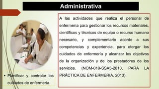 Administrativa
A las actividades que realiza el personal de
enfermería para gestionar los recursos materiales,
científicos y técnicos de equipo o recurso humano
necesario, y complementario acorde a sus
competencias y experiencia, para otorgar los
cuidados de enfermería y alcanzar los objetivos
de la organización y de los prestadores de los
servicios. (NOM-019-SSA3-2013, PARA LA
PRÁCTICA DE ENFERMERIA, 2013)
 Planificar y controlar los
cuidados de enfermería.
 