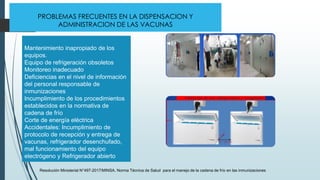 PROBLEMAS FRECUENTES EN LA DISPENSACION Y
ADMINISTRACION DE LAS VACUNAS
Resolución Ministerial N°497-2017/MINSA. Norma Técnica de Salud para el manejo de la cadena de frío en las inmunizaciones
Mantenimiento inapropiado de los
equipos.
Equipo de refrigeración obsoletos
Monitoreo inadecuado
Deficiencias en el nivel de información
del personal responsable de
inmunizaciones
Incumplimiento de los procedimientos
establecidos en la normativa de
cadena de frío
Corte de energía eléctrica
Accidentales: Incumplimiento de
protocolo de recepción y entrega de
vacunas, refrigerador desenchufado,
mal funcionamiento del equipo
electrógeno y Refrigerador abierto
 