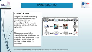 CADENA DE FRIO
CADENA DE FRIO
Conjunto de procedimientos y
actividades necesarios para
garantizar la potencia
inmunológica de las vacunas
desde su fabricación hasta su
aplicación.
El incumplimiento de los
procedimientos y actividades en
cualquier nivel de atención pone
en riesgo la calidad de las
vacunas que se aplica a la
población.
Resolución Ministerial N°497-2017/MINSA. Norma Técnica de Salud para el manejo de la cadena de frío en las inmunizaciones
 