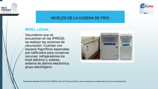 NIVELES DE LA CADENA DE FRIO
NIVEL LOCAL
Vacunatorio que se
encuentran en las IPRESS,
se realizan las acciones de
vacunación. Cuentan con
equipos frigoríficos especiales
pre calificados para conservar
vacunas; refrigeradores ice
lined eléctrico y solares,
sistema de alarma electrónica,
grupo electrógeno.
Resolución Ministerial N°497-2017/MINSA. Norma Técnica de Salud para el manejo de la cadena de frío en las inmunizaciones
 