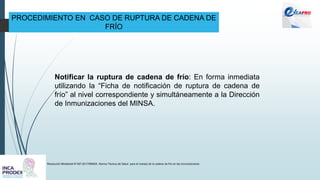 PROCEDIMIENTO EN CASO DE RUPTURA DE CADENA DE
FRÍO
Resolución Ministerial N°497-2017/MINSA. Norma Técnica de Salud para el manejo de la cadena de frío en las inmunizaciones
Notificar la ruptura de cadena de frío: En forma inmediata
utilizando la “Ficha de notificación de ruptura de cadena de
frío” al nivel correspondiente y simultáneamente a la Dirección
de Inmunizaciones del MINSA.
 