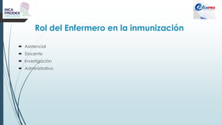 Rol del Enfermero en la inmunización
 Asistencial
 Docente
 Investigación
 Administrativo
 