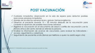 POST VACUNACIÓN
NTS N°141 -2018/MINSA RM N° 719-2018/MINSA Aprueba el esquema nacional de vacunación (ver Anexo
N°01)
✓ Cuidados inmediatos; observación en la sala de espera para detectar posibles
reacciones adversas inmediatas
✓ Manejo de los efectos adversos leves y graves; farmacovigilancia.
✓ Observar al paciente durante 15 – 30 minutos después de la vacunación para
controlar la aparición de posibles reacciones adversas
✓ Registrar la vacunación en el documento de salud o cartilla de vacunación y en la
historia clínica del centro donde se atienda la persona.
✓ Analizar la información de avance de vacunados, para evaluar los indicadores :
acceso, seguimiento y coberturas
✓ Seguimiento de pacientes al día (llamar por teléfono a quien no asistió según cita)
 