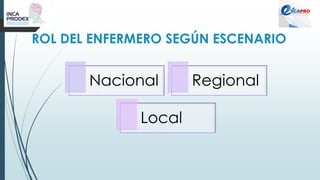 ROL DEL ENFERMERO SEGÚN ESCENARIO
Nacional Regional
Local
 