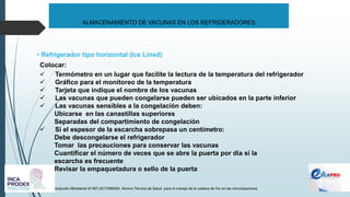 ALMACENAMIENTO DE VACUNAS EN LOS REFRIGERADORES
Resolución Ministerial N°497-2017/MINSA. Norma Técnica de Salud para el manejo de la cadena de frío en las inmunizaciones
• Refrigerador tipo horizontal (Ice Lined)
Colocar:
✓ Termómetro en un lugar que facilite la lectura de la temperatura del refrigerador
✓ Gráfico para el monitoreo de la temperatura
✓ Tarjeta que indique el nombre de los vacunas
✓ Las vacunas que pueden congelarse pueden ser ubicados en la parte inferior
✓ Las vacunas sensibles a la congelación deben:
Ubicarse en las canastillas superiores
Separadas del compartimiento de congelación
✓ Si el espesor de la escarcha sobrepasa un centímetro:
Debe descongelarse el refrigerador
Tomar las precauciones para conservar las vacunas
Cuantificar el número de veces que se abre la puerta por día si la
escarcha es frecuente
Revisar la empaquetadura o sello de la puerta
 
