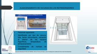 ALMACENAMIENTO DE VACUNAS EN LOS REFRIGERADORES
Resolución Ministerial N°497-2017/MINSA. Norma Técnica de Salud para el manejo de la cadena de frío en las inmunizaciones
• Personal capacitado
• Identificado por tipo de vacuna,
lote, fecha vencimiento, ubicación
al interior de los equipos
frigoríficos, temperatura de
almacenamiento
• Cumplimiento de normas de
seguridad
 
