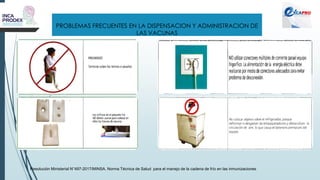 PROBLEMAS FRECUENTES EN LA DISPENSACION Y ADMINISTRACION DE
LAS VACUNAS
Resolución Ministerial N°497-2017/MINSA. Norma Técnica de Salud para el manejo de la cadena de frío en las inmunizaciones
 