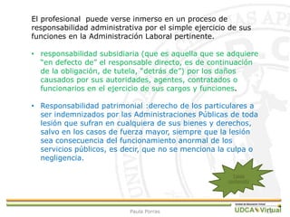15
El profesional puede verse inmerso en un proceso de
responsabilidad administrativa por el simple ejercicio de sus
funciones en la Administración Laboral pertinente.
• responsabilidad subsidiaria (que es aquella que se adquiere
“en defecto de” el responsable directo, es de continuación
de la obligación, de tutela, “detrás de”) por los daños
causados por sus autoridades, agentes, contratados o
funcionarios en el ejercicio de sus cargos y funciones.
• Responsabilidad patrimonial :derecho de los particulares a
ser indemnizados por las Administraciones Públicas de toda
lesión que sufran en cualquiera de sus bienes y derechos,
salvo en los casos de fuerza mayor, siempre que la lesión
sea consecuencia del funcionamiento anormal de los
servicios públicos, es decir, que no se menciona la culpa o
negligencia.
Tabla
contenido
Paula Porras
 