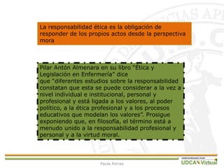 Pilar Antón Almenara en su libro “Ética y
Legislación en Enfermería” dice
que “diferentes estudios sobre la responsabilidad
constatan que esta se puede considerar a la vez a
nivel individual e institucional, personal y
profesional y está ligada a los valores, al poder
político, a la ética profesional y a los procesos
educativos que modelan los valores”. Prosigue
exponiendo que, en filosofía, el término está a
menudo unido a la responsabilidad profesional y
personal y a la virtud moral.
17
La responsabilidad ética es la obligación de
responder de los propios actos desde la perspectiva
mora
Paula Porras
 