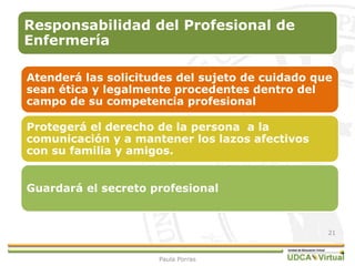 Responsabilidad del Profesional de
Enfermería
Atenderá las solicitudes del sujeto de cuidado que
sean ética y legalmente procedentes dentro del
campo de su competencia profesional
Protegerá el derecho de la persona a la
comunicación y a mantener los lazos afectivos
con su familia y amigos.
Guardará el secreto profesional
21
Paula Porras
 