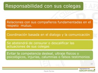 Responsabilidad con sus colegas
Relaciones con sus compañeros fundamentadas en el
respeto mutuo.
Coordinación basada en el dialogo y la comunicación
Se abstendrá de censurar o descalificar las
actuaciones de sus colegas
Evitar la competencia desleal, ultraje físicos o
psicológicos, injurias, calumnias o falsos testimonios
22
Paula Porras
 
