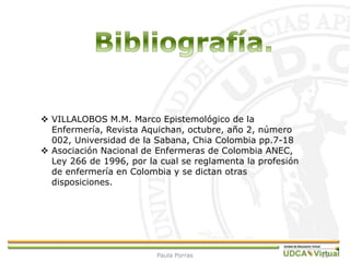 29Paula Porras
 VILLALOBOS M.M. Marco Epistemológico de la
Enfermería, Revista Aquichan, octubre, año 2, número
002, Universidad de la Sabana, Chia Colombia pp.7-18
 Asociación Nacional de Enfermeras de Colombia ANEC,
Ley 266 de 1996, por la cual se reglamenta la profesión
de enfermería en Colombia y se dictan otras
disposiciones.
 