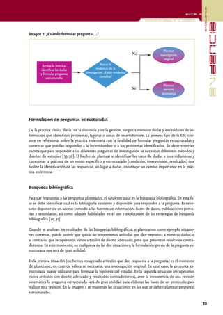 excelencia
                                                                                                        excelencia

                                                                             Enfermería basada en la evidencia




                                                                                                                               evidencia
Imagen 2. ¿Cuándo formular preguntas…?



                                                                                          Plantear
                                                                        No             investigación
                                                                                          original
         Revisar la práctica,                    Buscar la
        identificar las dudas                evidencia de la
       y formular preguntas          investigación. ¿Existe evidencia
           estructuradas                        científica?

                                                                                          Plantear
                                                                        Sí                revisión
                                                                                        sistemática




Formulación de preguntas estructuradas

De la práctica clínica diaria, de la docencia y de la gestión, surgen a menudo dudas y necesidades de in-
formación que identifican problemas, lagunas o zonas de incertidumbre. La primera fase de la EBE con-
siste en reflexionar sobre la práctica enfermera con la finalidad de formular preguntas estructuradas y
concretas que puedan responder a la incertidumbre o a los problemas identificados. Se debe tener en
cuenta que para responder a las diferentes preguntas de investigación se necesitan diferentes métodos y
diseños de estudios [33-39]. El hecho de plantear e identificar las áreas de dudas e incertidumbres y
cuestionar la práctica de un modo específico y estructurado (condición, intervención, resultados) que
facilite la identificación de las respuestas, sin lugar a dudas, constituye un cambio importante en la prác-
tica enfermera.


Búsqueda bibliográfica

Para dar respuestas a las preguntas planteadas, el siguiente paso es la búsqueda bibliográfica. En esta fa-
se se debe identificar cuál es la bibliografía existente y disponible para responder a la pregunta. Es nece-
sario disponer de un acceso cómodo a las fuentes de información: bases de datos, publicaciones prima-
rias y secundarias, así como adquirir habilidades en el uso y explotación de las estrategias de búsqueda
bibliográfica [40,41].

Cuando se analizan los resultados de las búsquedas bibliográficas, si planteamos como ejemplo situacio-
nes extremas, puede ocurrir que quizás no recuperemos artículos que den respuesta a nuestras dudas; o
al contrario, que recuperemos varios artículos de diseño adecuado, pero que presenten resultados contra-
dictorios. En este momento, en cualquiera de las dos situaciones, la formulación previa de la pregunta es-
tructurada nos será de gran utilidad.

En la primera situación (no hemos recuperado artículos que den respuesta a la pregunta) es el momento
de plantearse, en caso de valorarse necesaria, una investigación original. En este caso, la pregunta es-
tructurada puede utilizarse para formular la hipótesis del estudio. En la segunda situación (recuperamos
varios artículos con diseño adecuado y resultados contradictorios), ante la inexistencia de una revisión
sistemática la pregunta estructurada será de gran utilidad para elaborar las bases de un protocolo para
realizar esta revisión. En la Imagen 2 se muestran las situaciones en las que se deben plantear preguntas
estructuradas.

                                                                                                                 13
 