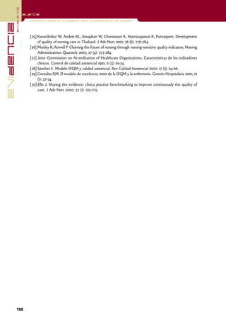 excelencia
            Excelencia

                          Enfermería basada en la evidencia. Hacia la excelencia en los cuidados
evidencia

                          [25] Kunaviktikul W, Anders RL, Srisuphan W, Chontawan R, Nuntasupawat R, Pumarporn. Development
                               of quality of nursing care in Thailand. J Adv Nurs 2001; 36 (6): 776-784.
                          [26] Munley R, Rowell P. Claiming the future of nursing through nursing-sensitive quality indicators. Nursing
                               Administratrion Quarterly 2003; 27 (4): 273-284.
                          [27] Joint Commission on Accreditation of Healthcare Organizations. Características de los indicadores
                               clínicos. Control de calidad asistencial 1991; 6 (3): 65-74.
                          [28] Sánchez E. Modelo EFQM y calidad asistencial. Rev Calidad Asistencial 2002; 17 (2): 64-66.
                          [29] González RM. El modelo de excelencia 2000 de la EFQM y la enfermería. Gestión Hospitalaria 2001; 12
                               (1): 27-34.
                          [30] Ellis J. Sharing the evidence: clinica practice benchmarking to improve continuously the quality of
                               care. J Adv Nurs 2000; 32 (1): 215-225.




            130
 
