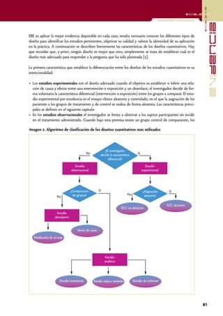 excelencia
                                                                                                                            excelencia

                                                                                                      Investigación Cuantitativa




                                                                                                                                                 evidencia
EBE es aplicar la mejor evidencia disponible en cada caso, resulta necesario conocer los diferentes tipos de
diseño para identificar los estudios pertinentes, objetivar su calidad y valorar la idoneidad de su aplicación
en la práctica. A continuación se describen brevemente las características de los diseños cuantitativos. Hay
que recordar que, a priori, ningún diseño es mejor que otro, simplemente se trata de establecer cuál es el
diseño más adecuado para responder a la pregunta que ha sido planteada [5].

La primera característica que establece la diferenciación entre los diseños de los estudios cuantitativos es su
intencionalidad:

• Los estudios experimentales son el diseño adecuado cuando el objetivo es establecer o inferir una rela-
  ción de causa y efecto entre una intervención o exposición y un desenlace; el investigador decide de for-
  ma voluntaria la característica diferencial (intervención o exposición) entre los grupos a comparar. El estu-
  dio experimental por excelencia es el ensayo clínico aleatorio y controlado, en el que la asignación de los
  pacientes a los grupos de tratamiento y de control se realiza de forma aleatoria. Las características princi-
  pales se definen en el siguiente capítulo.
• En los estudios observacionales el investigador se limita a observar a los sujetos participantes sin incidir
  en el tratamiento administrado. Cuando bajo esta premisa existe un grupo control de comparación, los

Imagen 2. Algoritmo de clasificación de los diseños cuantitativos más utilizados




                                                           ¿El investigador
                                             No         decide la característica      Sí
                                                             diferencial?

                                   Estudio                                                   Estudio
                                 observacional                                             experimental




                                 ¿Comparación          Sí                                  ¿Asignación        Sí
                                  de grupos?                                  No            aleatoria?
                     No

                                                                                                            ECC aleatorio
                                                                         ECC no aleatorio
                    Estudio
                   descriptivo


                                     Series de casos

   Notificación de un caso




                                                            Estudio
                                                            analítico




                       Estudio transversal        Estudio casos y controles        Estudio de cohortes




                                                                                                                                   61
 