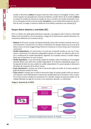 excelencia
            Excelencia

                          Enfermería basada en la evidencia. Hacia la excelencia en los cuidados
evidencia

                            estudios se denominan analíticos; los grupos existen de modo natural y el investigador se limita a selec-
                            cionar los grupos más apropiados para contrastar las hipótesis a estudio. Dentro de los estudios analíticos
                            se incluyen los estudios de cohortes, los estudios de casos y controles y los estudios transversales. Cuan-
                            do no existe grupo control se trata de estudios descriptivos (a veces también denominados de cohorte o
                            serie de casos). La Imagen 2 muestra la clasificación de los diseños cuantitativos más utilizados [6,7].


                          Ensayos clínicos aleatorios y controlados (EC)

                          El EC es el diseño más válido (gold standard) para responder a las preguntas sobre la eficacia o efectividad
                          (balance entre los beneficios y los inconvenientes o riesgos) de las intervenciones sanitarias alternativas. Las
                          características definitorias son la existencia de [7]:

                          • Hipótesis: los EC ponen a prueba una hipótesis planteada a priori sobre la relación existente entre la cau-
                            sa (el tratamiento o intervención) y los efectos (o desenlaces). Por ejemplo, plantear que las curas de las
                            úlceras venosas con larvas (maggot therapy) favorece la cicatrización en menos tiempo que el tratamiento
                            convencional.
                          • Variable independiente: es la intervención o la acción que se pretende estudiar, en este caso el trata-
                            miento o intervención. Se la denomina independiente porque se le supone una influencia sobre un he-
                            cho o manifestación (la variable dependiente). Siguiendo con el ejemplo anterior, la variable indepen-
                            diente sería el tratamiento: las curas con larvas.
                          • Variable dependiente: a veces denominada variable de resultados, indica el resultado que el investigador
                            pretende obtener como efecto de la variable independiente. Se la denomina dependiente porque su va-
                            lor depende del efecto de otras variables (la variable independiente). En nuestro ejemplo, la disminución
                            del tiempo de cicatrización de las úlceras venosas.
                          • Grupo experimental: es el grupo que recibe la intervención objeto de estudio. En el mismo ejemplo, el
                            grupo de pacientes tratados con larvas.
                          • Grupo control: es el grupo que no recibe la intervención objeto de estudio; pueden recibir una interven-
                            ción alternativa activa (habitualmente la intervención estandarizada hasta el momento) o bien un place-
                            bo (o incluso ausencia completa de tratamiento). En el ejemplo, el grupo de pacientes tratados con los
                            cuidados habituales (en lugar de con larvas) u otro tratamiento adecuado a su enfermedad.
                          Imagen 3. Secuencia de un ECCA


                                                                                Exposición
                                                                                                                     Respuesta
                                                                              Intervención
                                                                              experimental
                                                                                                                    No respuesta
                                  Pacientes incluidos




                                                                                                                     Respuesta
                                                                              Intervención
                                                                                 control
                                                                                                                    No respuesta


                                                        Dirección de la recogida de datos: Exposición   Resultado




            62
 