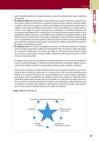 excelencia
                                                                                                                excelencia

                                                                                     Enfermería basada en la evidencia




                                                                                                                                       evidencia
  todos los detalles específicos de la aplicación práctica. La fase de evaluación implica medir y determinar
  los resultados.
• El modelo de Rogers [67], desarrollado en 1995, describe cinco etapas: conocimiento, persuasión, deci-
  sión, puesta en práctica y confirmación. La etapa del conocimiento ocurre cuando las enfermeras realizan
  o aprenden a partir de una propuesta novedosa de investigación. Este planteamiento puede surgir en
  cualquier momento generado desde la práctica clínica, la lectura de publicaciones o noticias o por co-
  mentarios entre colegas. La etapa de la persuasión se ve afectada por la velocidad de aplicación de la
  nueva propuesta que depende de: la ventaja relativa de la innovación sobre la situación anterior; la com-
  patibilidad con valores, experiencias y la prioridad actual de necesidades; la capacidad de llevarlo a cabo y
  la observación de si la nueva práctica tenía ventajas considerables. La etapa de la decisión implica la adop-
  ción o la exclusión de la novedad propuesta. La etapa de la puesta en práctica incluye un plan detallado
  para su aplicación. Finalmente la quinta etapa, la de confirmación, compara un período de la evaluación y
  de reajuste o de exclusión de la práctica.
• El modelo de ACE Star [67,68] es el modelo más reciente y ha sido desarrollado por el Academic
  Center for Evidence-based Practice (ACE) de la Universidad de Texas. El modelo se define para organi-
  zar los procesos de PBE dentro de un marco que define las relaciones entre funciones. El modelo
  muestra cómo el conocimiento se mueve, desde la identificación del conocimiento hasta su aplica-
  ción en la práctica clínica [68].

  El modelo se ilustra a partir de una estrella de cinco puntas que indican las cinco etapas de la transforma-
  ción del conocimiento (Imagen 4): descubrimiento del conocimiento (investigación original), síntesis o
  resumen de la evidencia, traducción en recomendaciones clínicas, puesta en práctica y evaluación.

  El resumen de la evidencia es el punto donde la síntesis de varios estudios se convierte en una sola de-
  claración sobre el estado del conocimiento en un tema concreto. Éste es el punto que diferencia este
  modelo de los anteriores. En el punto tres, las recomendaciones para la práctica clínica se desarrollan a
  partir de guías. Estas recomendaciones son aplicadas a la práctica, que comporta el cambio de prácticas
  individuales e institucionales. El punto cinco está relacionado con la evaluación de los efectos de los cam-
  bios en la práctica, en términos de eficacia, de resultados en salud y del impacto sobre el estado de salud,
  la satisfacción y la economía. Este modelo es el más tolerante y visionario para la EBE, ya que impulsa el
  proceso continuo para el cambio en la práctica del cuidado a los pacientes.

Imagen 4: ACE Start Model [67, 68]



                          (1) Descubrimiento del conocimiento (investigación original)




                      (5) Evaluación                                        (2) Síntesis o resumen
                                                                                de la evidencia




                                 (4) Puesta                        (3) Traducción en
                                     en práctica                       recomendaciones clínicas




                                                                                                                         19
 