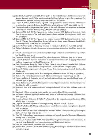 excelencia
                                                                                                       excelencia

                                                                            Enfermería basada en la evidencia




                                                                                                                              evidencia
[44] Jaeschke R, Guyatt GH, Sackett DL. Users' guides to the medical literature. III. How to use an article
     about a diagnostic test. B. What are the results and will they help me in caring for my patients? The
     Evidence-Based Medicine Working Group. JAMA 1994; 271 (9): 703-707.
[45] Laupacis A, Wells G, Richardson WS, Tugwell P. Users' guides to the medical literature. V. How to use
     an article about prognosis. Evidence-Based Medicine Working Group. JAMA 1994; 272 (3): 234-237.
[46] Oxman AD, Cook DJ, Guyatt GH. Users' guides to the medical literature. VI. How to use an overview.
     Evidence-Based Medicine Working Group. JAMA 1994; 272 (17): 1367-1371.
[47] Giacomini MK, Cook DJ. Users' guides to the medical literature. XXIII Qualitative Research in Health
     Care. A. Are the results of the study valid? Evidence-Based Medicine Working Group. JAMA 2000;
     284 (3): 357-362.
[48] Giacomini MK, Cook DJ. Users' guides to the medical literature. XXIII Qualitative Research in Health
     Care. B. What are the results and how do they help me care for my patients? Evidence-Based Medici-
     ne Working Group. JAMA 2000; 284 (4): 478-482.
[49] Cullum N. Users’ guides to the nursing literature: an introduction. Evid Based Nurs 2000; 3: 71-72.
[50] Cullum N. Evaluation of studies of treatment or prevention intervention. Evid Based Nurs 2000; 3: 100-
     102.
[51] Schulz K.F. Assessing allocation concealment and blinding in randomisec controlled trials: why bother?.
     Evid Based Nurs 2001; 4: 4-5.
[52] DiCenso A. Clinically usefull measures of the effects of treatment. Evid Based Nurs 2001; 4: 36-39.
[53] Cullum N. Evaluation of studies of treatment or prevention intervention. Part 2: applying the results of
     studies to your patients. Evid Based Nurs 2001; 4: 7-8.
[54] Davis P. Introducing change. En: Dawes M, Davies P, Gray A, Mant J, Seers K, Snowball R ed. Evidence-
     based practice. A primer for health care professional. London: Churchill Livingstone; 1988.
[55] Benner P. Práctica progresiva en enfermería. Manual de comportamiento profesional. Barcelona: Ed.
     Grijalbo; 1987.
[56] Amezcua M. Mitos, retos y falacias de la investigación enfermera. Rev ROL Enf 2003; 26 (9): 608-615.
[57] Black N. Why we need qualitative research. J Epidiomol Community Health 1994; 4: 425-426.
[58] Popay J, Williams G. Qualitative research and evidence-based healt care. Journal of Royal Society of
     Medicine 1998; 35: 32-37.
[59] Heater BS, Becker AM, Olson R. Nursing interventions and patients outocmes. A meta-analysys of stu-
     dies. Nurs Res 1988; 37: 303-307.
[60] Bostrum J, Suter WN. Research utilization: making the link with practice. Nurs Staff Dev 1993; 9: 28-
      34.
[61] Nightingale F. Notes on nursing what it is and is not. London: Churchill Livingstone; 1946.
[62] McDonald L. Florence Nightingale and the early origins of evidence-based nursing. Evid Based Nurs.
     2001; 4 (3): 68-9.
[63] Fawcett J, Watson J, Neuman B, Walker PH, Fitzpatrick JJ. On nursing theories and evidence. J Nurs
     Scholars 2001; 33 (2): 115-119.
[64] Carper B. Fundamental patterns of knowing in nursing. Adv Nurs Sci 1978; 1 (1): 13-23.
[65] Walker PH, Redmond R. Theory-guided, evidence-based reflective practice. Nursing Science Quarterly
     1999; 29: 549-555.
[66] Upton DJ. How can we achieve evidence-based practice if we have a theory-practice gap in nursing to-
     day? J Adv Nurs. 1999; 29(3): 549-55.
[67] Pape TM. Evidence-based nursing practice: to infinity and beyond. Journal of Continuing Education in
     Nursing 2003; 34 (4): 154-161.
[68] Stevens KR. ACE Star model of EBP: The cycle of knowledge transformation. Fecha de acceso 4 de
     marzo de 2004. Disponible en: www.acestar.uthscsa.edu/Goals/model/1325.html.
[69] Hunt JM. Guest Editorial. J Adv Nurs 1996; 23: 423-425.
[70] Romero MN. Enfermería Basada en la Evidencia (EBE) ¿Avanzamos para transformar? Index Enferm
     2003; (40-41): 41-46.

                                                                                                                23
 