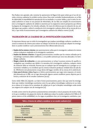 excelencia
                                                                                                               excelencia

                                                                                           Investigación Cualitativa




                                                                                                                                       evidencia
Para finalizar este apartado, cabe comentar las aportaciones de Íñiguez [22], quien señala que el uso de mé-
todos y técnicas cualitativas ha recibido muchas críticas. Éstas están centradas, fundamentalmente, en su falta
de objetividad, la imposibilidad de reproducción de sus resultados y su escasa validez, y, por lo tanto, los mé-
todos cualitativos se sitúan en una posición de inferioridad y de una falta casi completa de reconocimiento
[22]. La investigación cualitativa de calidad se caracteriza por la congruencia entre la perspectiva que informa
la pregunta de investigación y los métodos utilizados. Un marco de referencia para la evaluación de esta cali-
dad seguro que ayudará a valorar la contribución de la investigación cualitativa dentro de las ciencias de la sa-
lud y a que reciba el reconocimiento que la investigación cualitativa de calidad se merece [27,28].


VALORACIÓN DE LA CALIDAD DE LA INVESTIGACIÓN CUALITATIVA

Es importante destacar que no todos los investigadores que emplean metodología cualitativa consideran ne-
cesaria la existencia de criterios para evaluar sus trabajos. En función de la actitud que adopten los investiga-
dores se pueden establecer cuatro posicionamientos bien diferenciados [10,15,17].

• Empleo de los mismos criterios: este posicionamiento utiliza para la investigación cualitativa los mismos
  criterios evaluativos empleados en la investigación cuantitativa.
• Empleo de distintos criterios: el segundo posicionamiento considera que los criterios utilizados por la
  metodología cuantitativa deben redefinirse y a ser posible sustituirse por unos más adecuados a la meto-
  dología cualitativa.
• Ningún criterio de evaluación: en este posicionamiento se incluye la postura extrema de aquellos in-
  vestigadores que consideran que debido a la naturaleza de la investigación cualitativa, cualquier criterio
  de evaluación debe ser rechazado. Razonan que en cualquier tipo de investigación no se persigue un co-
  nocimiento verdadero y no consideran que los criterios evaluativos produzcan verdades fuera de toda du-
  da. Difícilmente este planteamiento encaja dentro del bagaje científico de las ciencias de la salud [10,17].
• Guías para la lectura crítica: llegamos al último posicionamiento que surge como respuesta a la necesi-
  dad planteada por la PBE; con un rigor demostrado algunos autores establecen pautas objetivas para la
  lectura y evaluación de los estudios cualitativos [29-32].

Como señala Valles [17], dejando a un lado el tercer posicionamiento, parece claro que tanto los investiga-
dores que emplean metodología cuantitativas como los que aplican metodologías cualitativas en sus traba-
jos se afanan en la mejora de los estándares de calidad, por lo que la disciplina metodológica acaba siendo
una exigencia de cualquier acto de investigación [17].

A medio camino entre los dos primeros posicionamientos comentados se sitúa la propuesta de Lincoln y Guba,
en la que se establecen tres grupos de criterios de calidad para evaluar los estudios cualitativos [17] (T abla 3). El
primer criterio es el de confiabilidad y en él se sigue un paralelismo claro con la investigación cuantitativa; a par-

                 Tabla 3. Criterios de calidad a considerar en un estudio cualitativo [17]

     Criterios de confiabilidad
              Cuantitativos                   Criterios de referencia                    Cualitativos
              Validez interna                        Veracidad                           Credibilidad
             Validez externa                       Generalización                       Transferibilidad
                Fiabilidad                          Consistencia                          Coherencia
     Criterios de autenticidad
     Criterios éticos



                                                                                                                         53
 