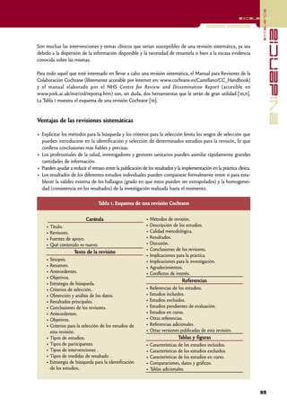 excelencia
                                                                                                                excelencia

                                                                                              Revisiones sistemáticas




                                                                                                                                        evidencia
Son muchas las intervenciones y temas clínicos que serían susceptibles de una revisión sistemática, ya sea
debido a la dispersión de la información disponible y la necesidad de resumirla o bien a la escasa evidencia
conocida sobre las mismas.

Para todo aquel que esté interesado en llevar a cabo una revisión sistemática, el Manual para Revisores de la
Colaboración Cochrane (libremente accesible por Internet en: www.cochrane.es/Castellano/CC_Handbook)
y el manual elaborado por el NHS Centre for Review and Dissemination Report (accesible en
www.york.ac.uk/inst/crd/report4.htm) son, sin duda, dos herramientas que le serán de gran utilidad [10,11].
La Tabla 1 muestra el esquema de una revisión Cochrane [10].


Ventajas de las revisiones sistemáticas

• Explicitar los métodos para la búsqueda y los criterios para la selección limita los sesgos de selección que
  pueden introducirse en la identificación y selección de determinados estudios para la revisión, lo que
  conlleva conclusiones más fiables y precisas.
• Los profesionales de la salud, investigadores y gestores sanitarios pueden asimilar rápidamente grandes
  cantidades de información.
• Pueden ayudar a reducir el retraso entre la publicación de los resultados y la implementación en la práctica clínica.
• Los resultados de los diferentes estudios individuales pueden compararse formalmente entre sí para esta-
  blecer la validez externa de los hallazgos (grado en que éstos pueden ser extrapolados) y la homogenei-
  dad (consistencia en los resultados) de la investigación realizada hasta el momento.

                                  Tabla 1. Esquema de una revisión Cochrane

                           Carátula                         • Métodos de revisión.
     • Título.                                              • Descripción de los estudios.
     • Revisores.                                           • Calidad metodológica.
     • Fuentes de apoyo.                                    • Resultados.
     • Qué contenido es nuevo.                              • Discusión.
                                                            • Conclusiones de los revisores.
                     Texto de la revisión
                                                            • Implicaciones para la práctica.
     • Sinopsis.                                            • Implicaciones para la investigación.
     • Resumen.                                             • Agradecimientos.
     • Antecedentes.                                        • Conflictos de interés.
     • Objetivos.
                                                                                Referencias
     • Estrategia de búsqueda.
     • Criterios de selección.                              • Referencias de los estudios.
     • Obtención y análisis de los datos.                   • Estudios incluidos.
     • Resultados principales.                              • Estudios excluidos.
     • Conclusiones de los revisores.                       • Estudios pendientes de evaluación.
     • Antecedentes.                                        • Estudios en curso.
     • Objetivos.                                           • Otras referencias.
     • Criterios para la selección de los estudios de       • Referencias adicionales.
       esta revisión.                                       • Otras versiones publicadas de esta revisión.
     • Tipos de estudios.                                                     Tablas y figuras
     • Tipos de participantes.                              • Características de los estudios incluidos.
     • Tipos de intervenciones .                            • Características de los estudios excluidos.
     • Tipos de medidas de resultado .                      • Características de los estudios en curso.
     • Estrategia de búsqueda para la identificación        • Comparaciones, datos y gráficos.
       de los estudios.                                     • Tablas adicionales.



                                                                                                                          89
 