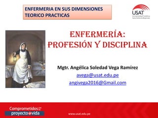 www.usat.edu.pe
www.usat.edu.pe
Mgtr. Angélica Soledad Vega Ramírez
avega@usat.edu.pe
angivega2016@Gmail.com
ENFERMERÍA:
PROFESIÓN Y DISCIPLINA
ENFERMERIA EN SUS DIMENSIONES
TEORICO PRACTICAS
 