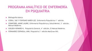 PROGRAMA ANALÍTICO DE ENFERMERÍA
EN PSIQUIATRIA
 Bibliografía básica:
 COOKJ, SUE Y FONTAINE KAREN LEE. Enfermería Psiquiátrica 1° edición.
 CRAWFORD, ANNIE LAURIE, Enfermería Psiquiátrica y Salud Mental, 3° edición,
Manual Moderno.
 GOLDEN HOWARD H, Psiquiatría General, 4° edición, El Manual Moderno.
 FERNANDEZ ESPINOLA, ANN, Psiquiatría 3° edición MacGraw Hill.
 