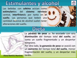 Las bebidas con cafeína actúan como
estimulantes del sistema nervioso
central, interfiriendo por tanto en el
sueño. Las personas que beben una
cantidad excesiva de alcohol suelen tener
alteraciones del sueño.


                         La pérdida de peso se ha asociado con una
                         disminución del tiempo total del sueño, así
                         como un sueño fragmentado y un despertar
                         temprano.
                         Por otro lado, la ganancia de peso se asoció con
                         un aumento del tiempo total del sueño, menor
                         fragmentación del sueño, y un despertar más
Diana Ramírez Martínez   tardío.
 