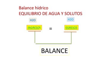 Balance hidrico 
EQUILIBRIO DE AGUA Y SOLUTOS 
H2O H2O 
INGRESOS = EGRESOS 
BALANCE 
 